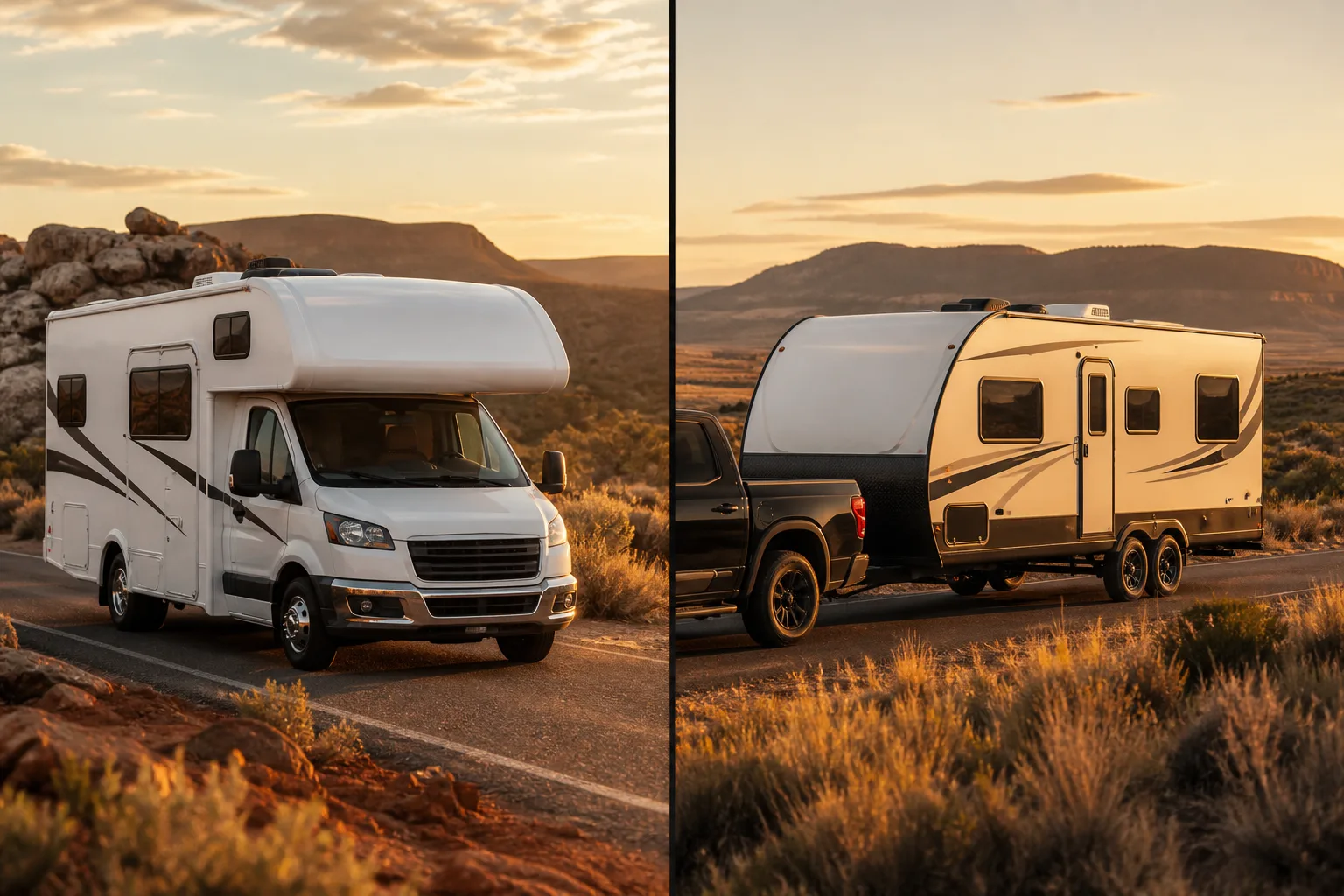 Class C motorhome and towable travel caravan on an outback highway
