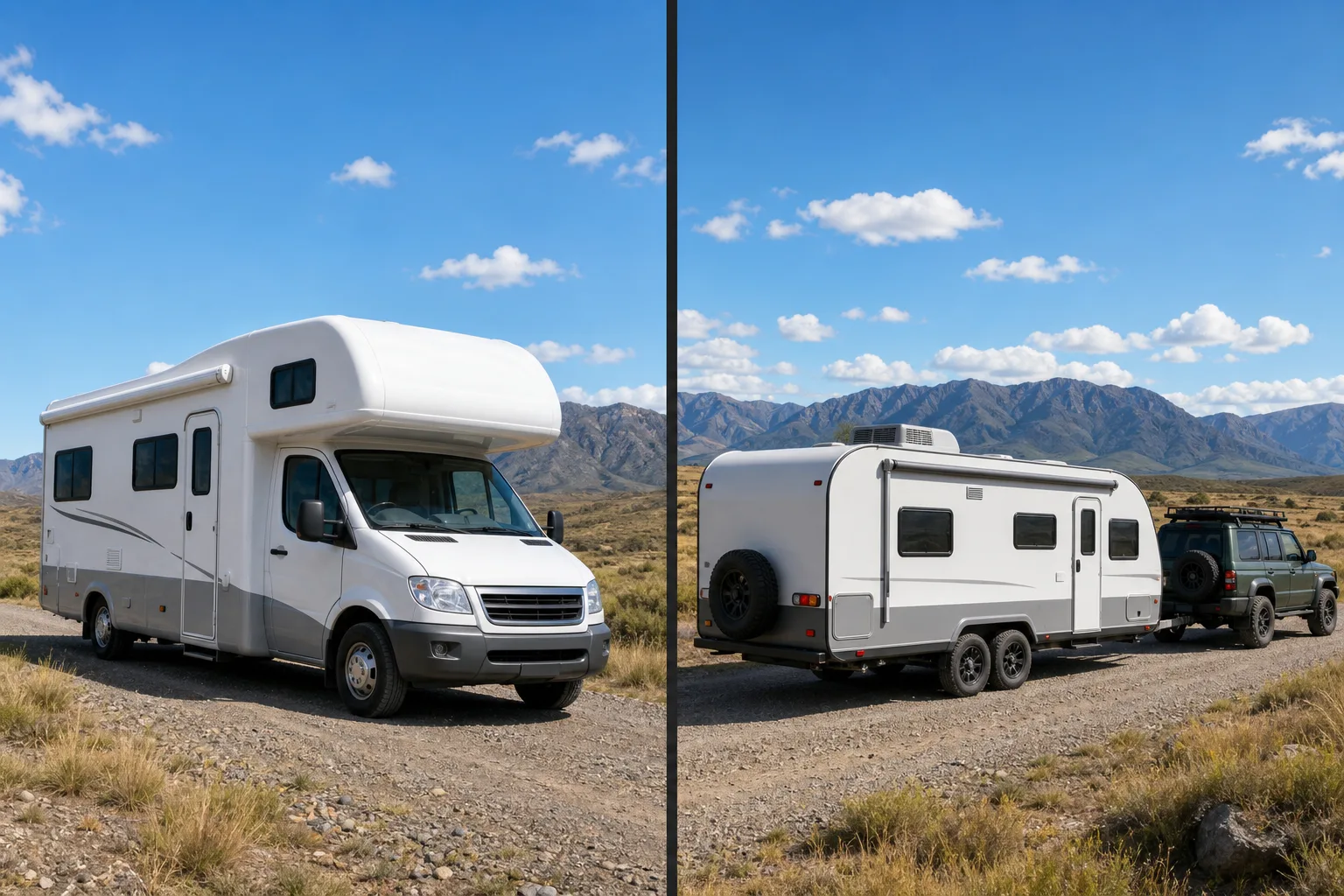 Class C motorhome and towable travel caravan on an outback highway
