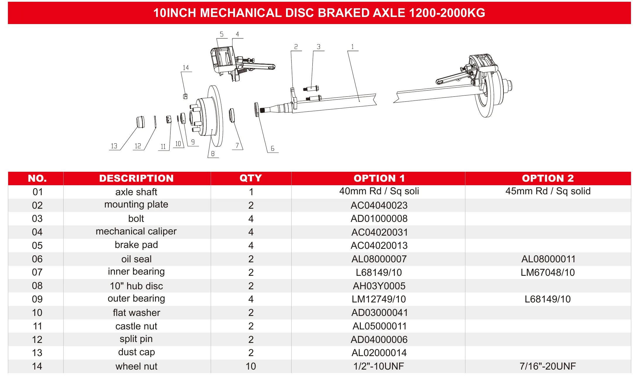 Trailer Axle 10INCH MECHANICAL DISC BRAKED AXLE 1200-2000KG