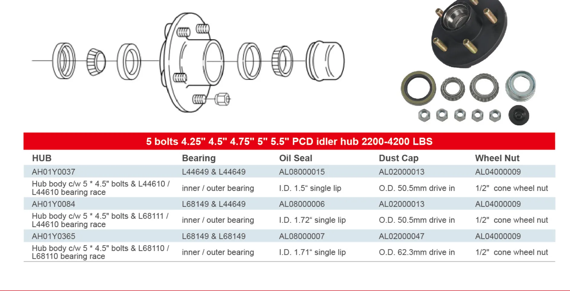 Idler Hub 5 bolts 4.25" 4.5" 4.75" 5" 5.5" PCD idler hub 2200-4200 LBS