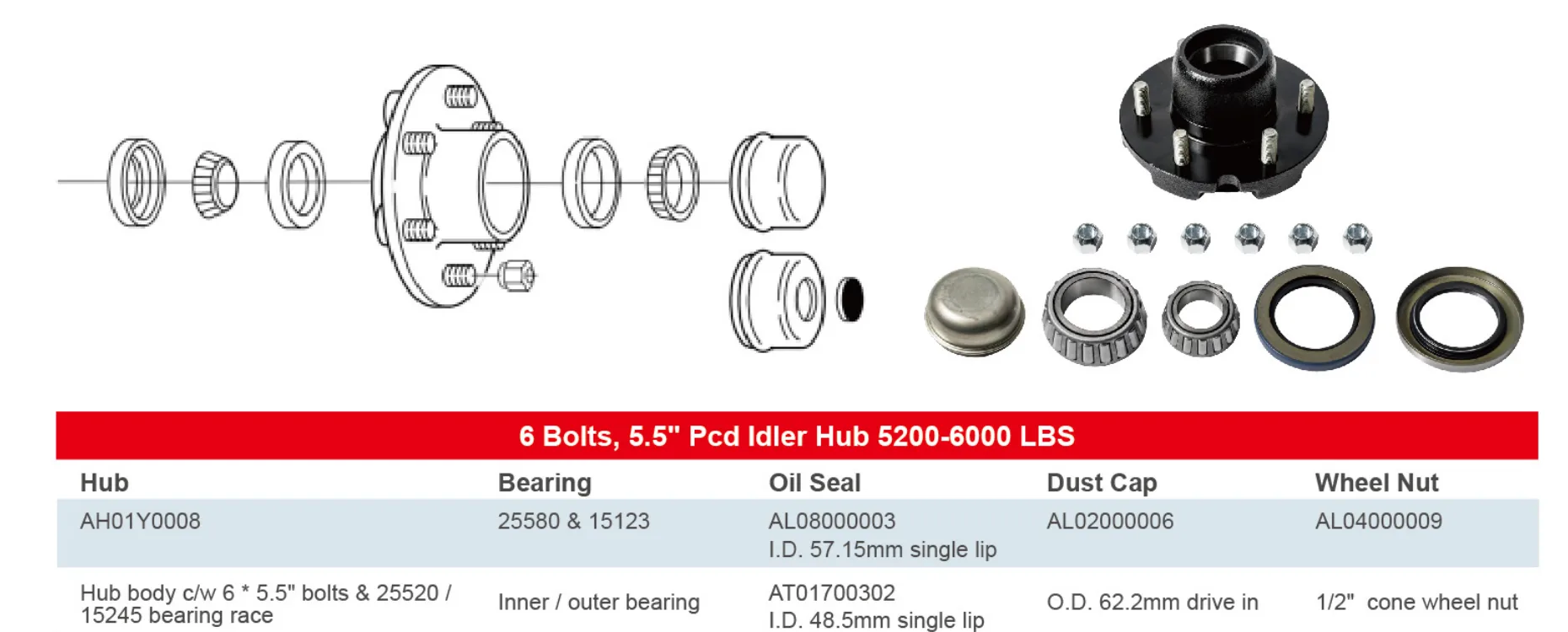 Idler Hub 6 Bolts, 5.5" Pcd Idler Hub 5200-6000 LBS
