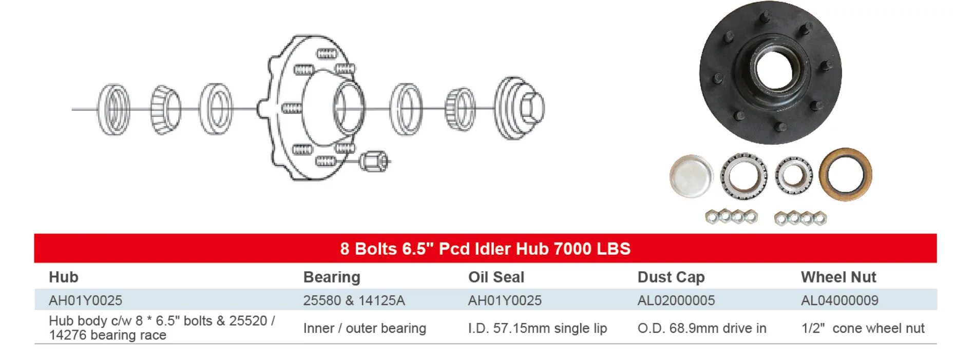 Idler Hub 8 Bolts 6.5" Pcd Idler Hub 7000 LBS